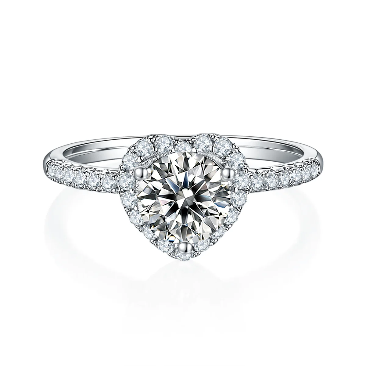 1ct round moissanite heart halo ring in 925 sterling silver with 18K white gold plating, romantic and elegant engagement ring.