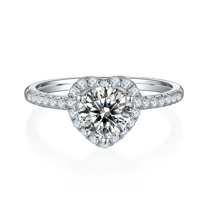 1ct round moissanite heart halo ring in 925 sterling silver with 18K white gold plating, romantic and elegant engagement ring.