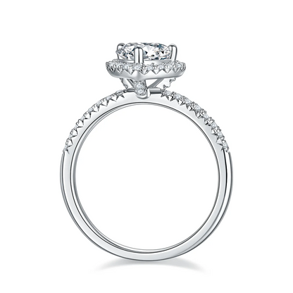 1ct round moissanite heart halo ring in 925 sterling silver with 18K white gold plating, romantic and elegant engagement ring.