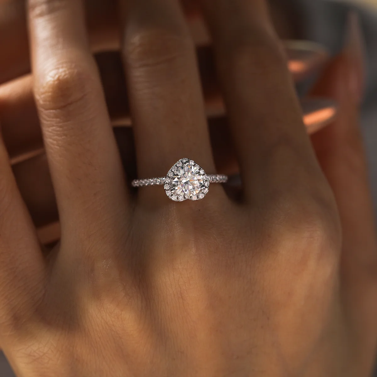 1ct round moissanite heart halo ring in 925 sterling silver with 18K white gold plating, romantic and elegant engagement ring.