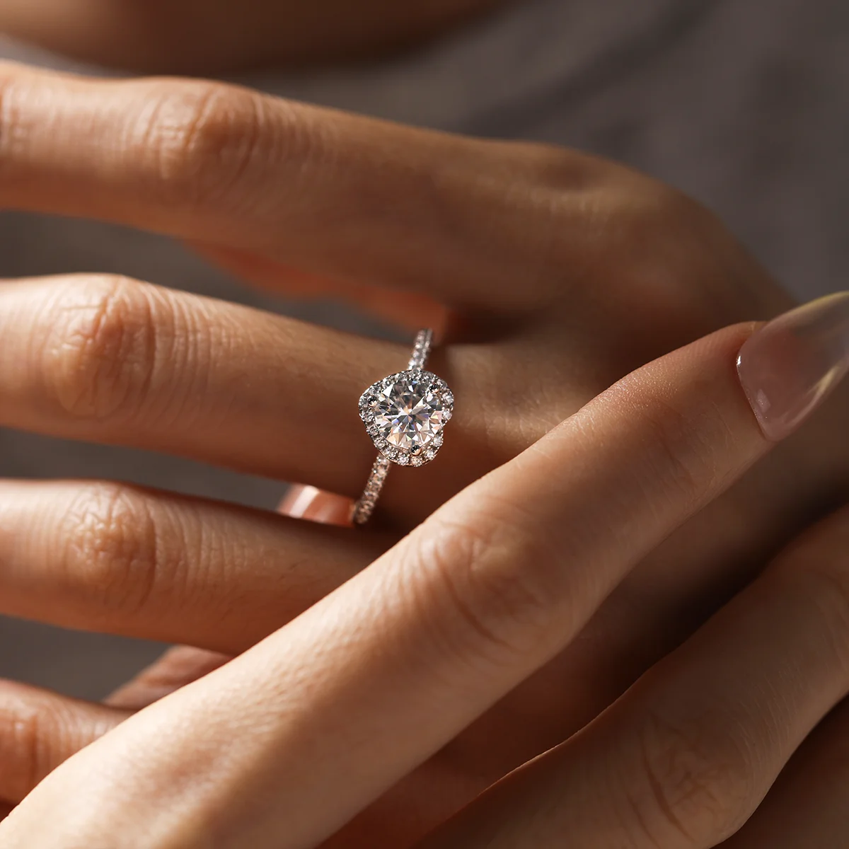 1ct round moissanite heart halo ring in 925 sterling silver with 18K white gold plating, romantic and elegant engagement ring.