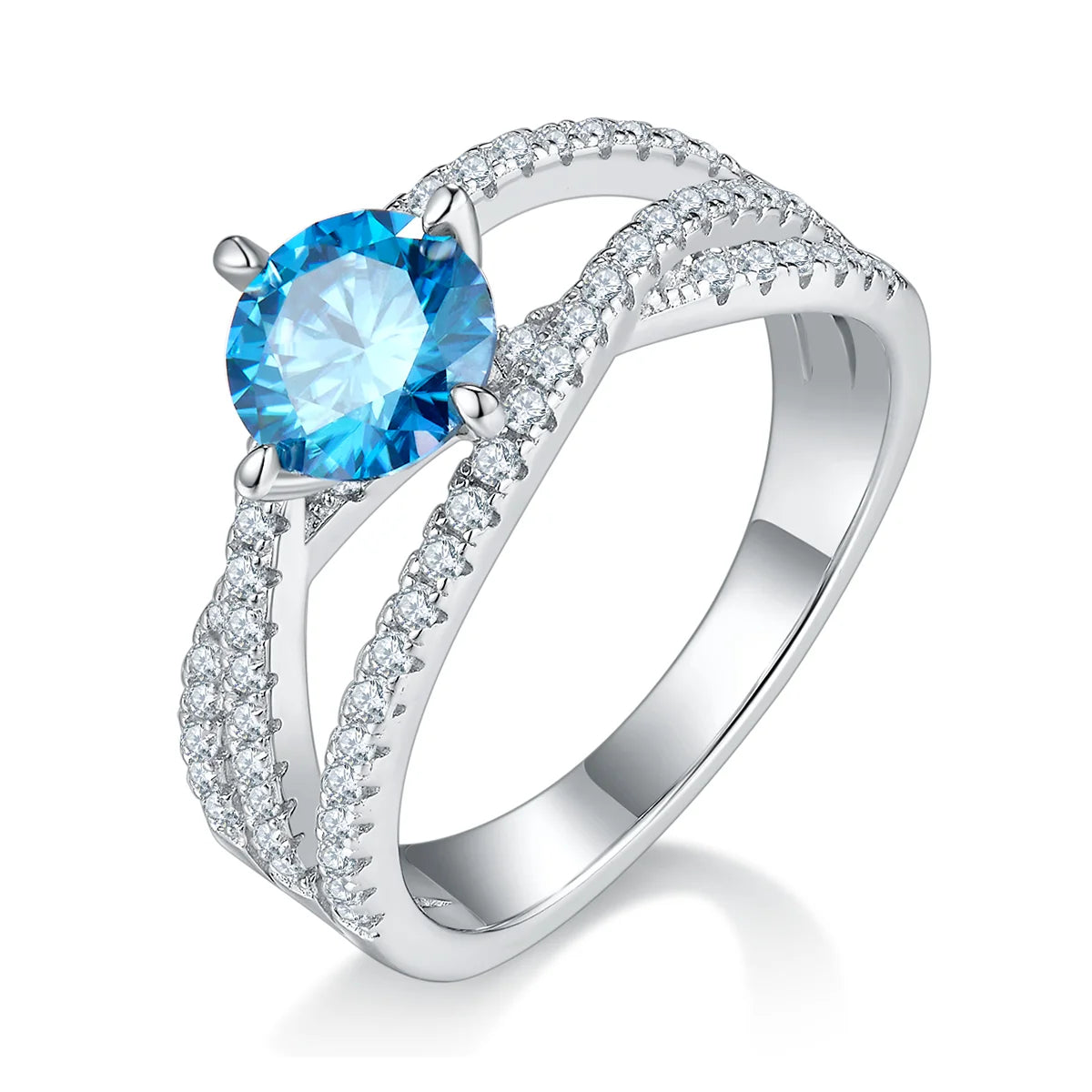silver moissanite ring with 1ct round center stone and double-row crossover pavé band