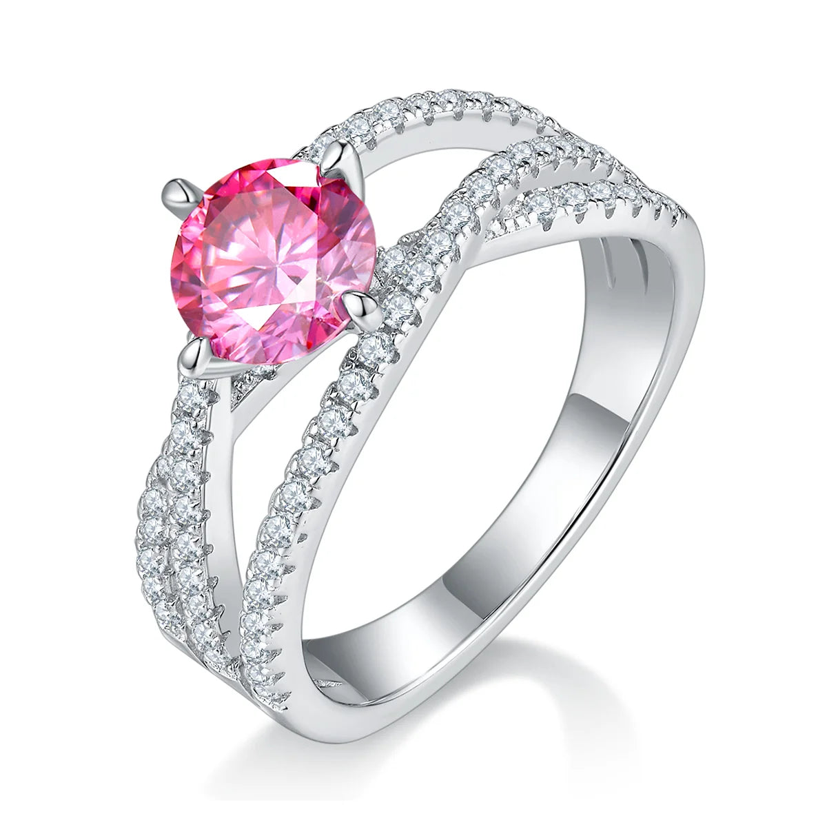 silver moissanite ring with 1ct round center stone and double-row crossover pavé band