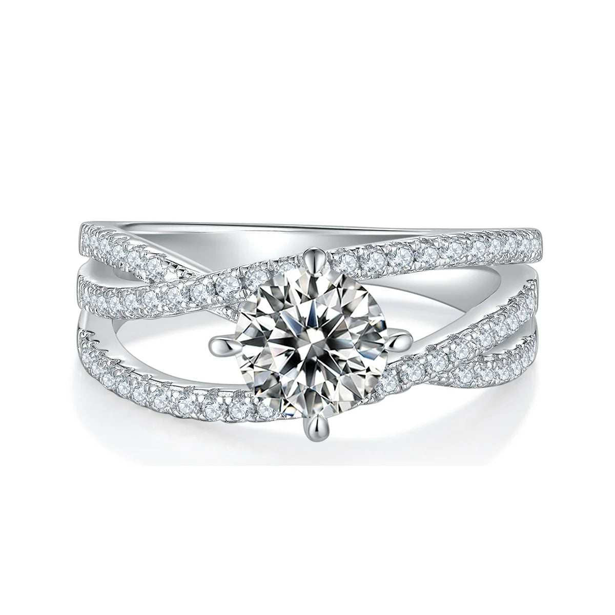 silver moissanite ring with 1ct round center stone and double-row crossover pavé band