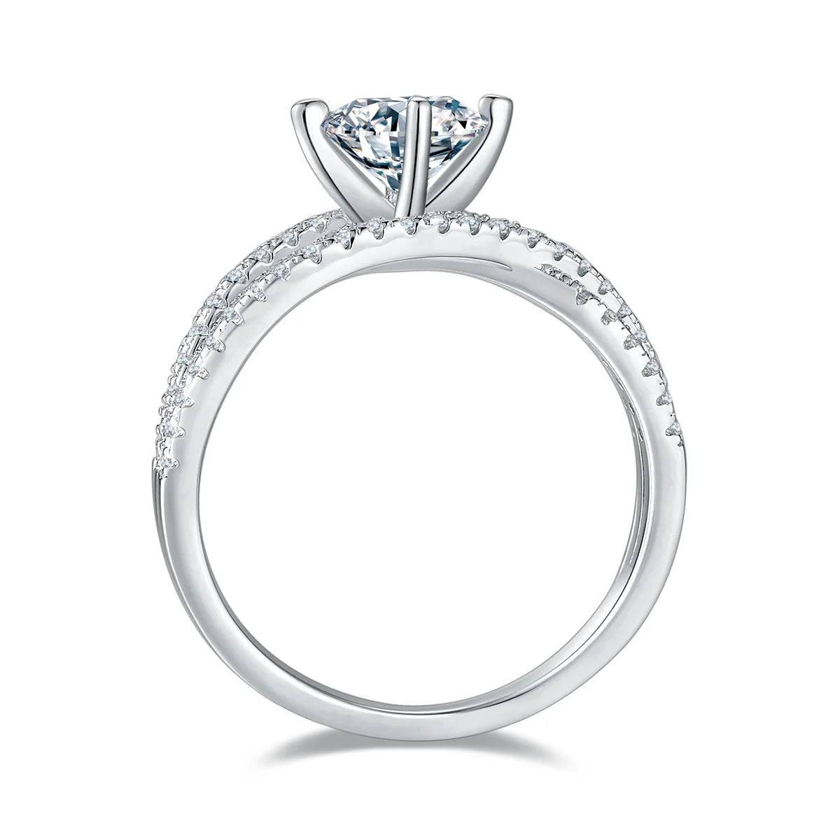 silver moissanite ring with 1ct round center stone and double-row crossover pavé band