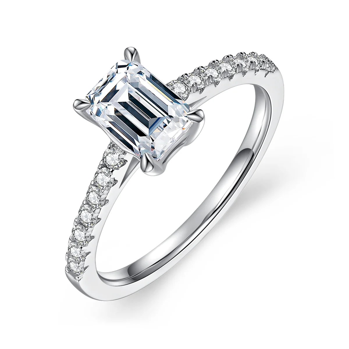 elegant emerald cut moissanite engagement ring with pavé accents, silver setting
