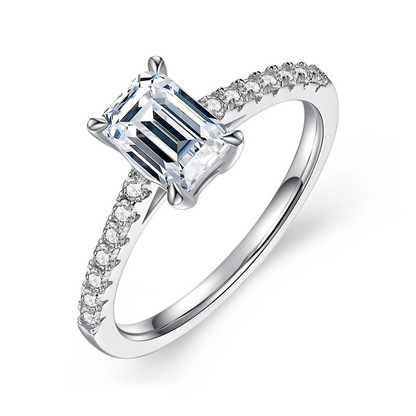 elegant emerald cut moissanite engagement ring with pavé accents, silver setting