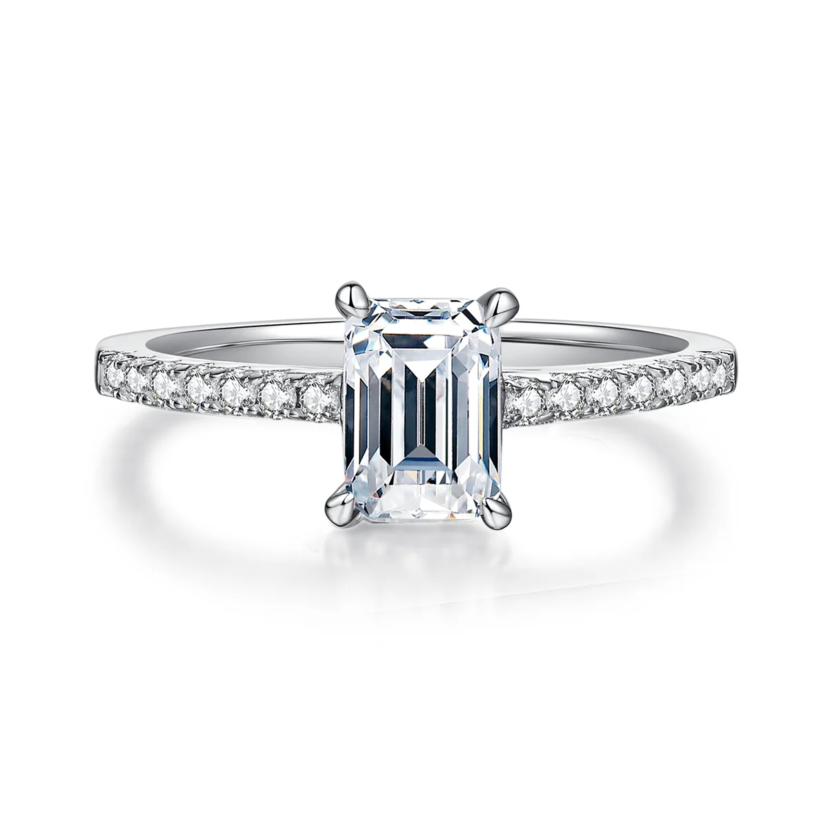 elegant emerald cut moissanite engagement ring with pavé accents, silver setting
