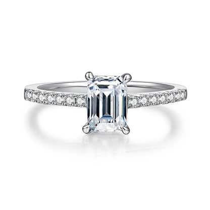 elegant emerald cut moissanite engagement ring with pavé accents, silver setting