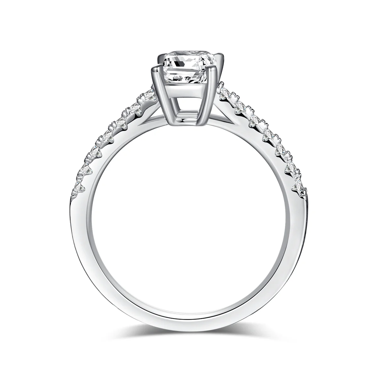 elegant emerald cut moissanite engagement ring with pavé accents, silver setting