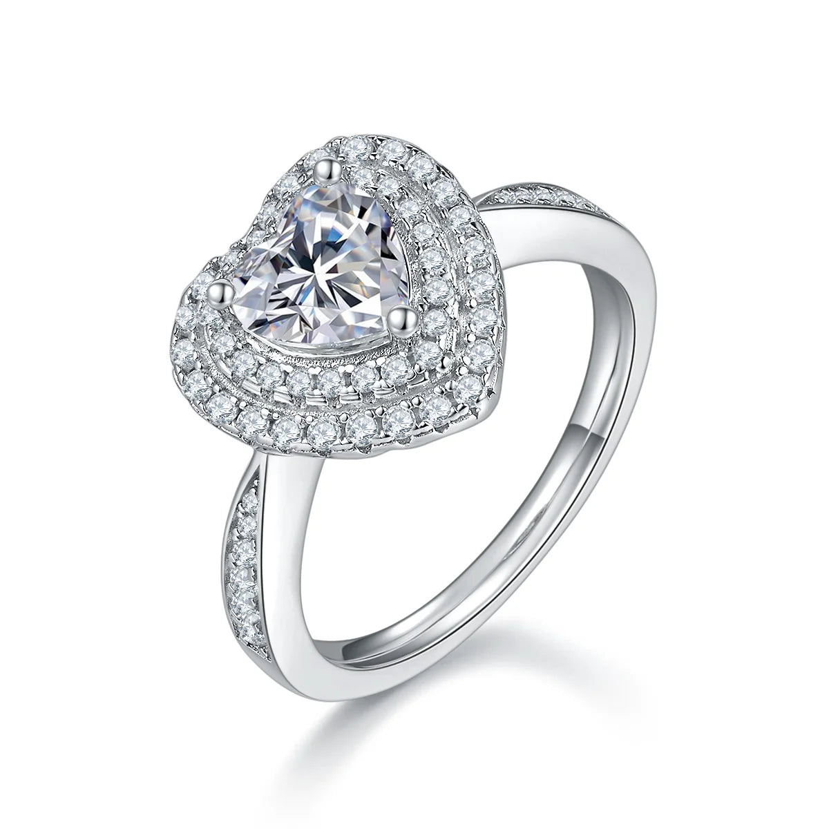 luxury heart-shaped moissanite ring with 1ct center stone and triple pavé halo design