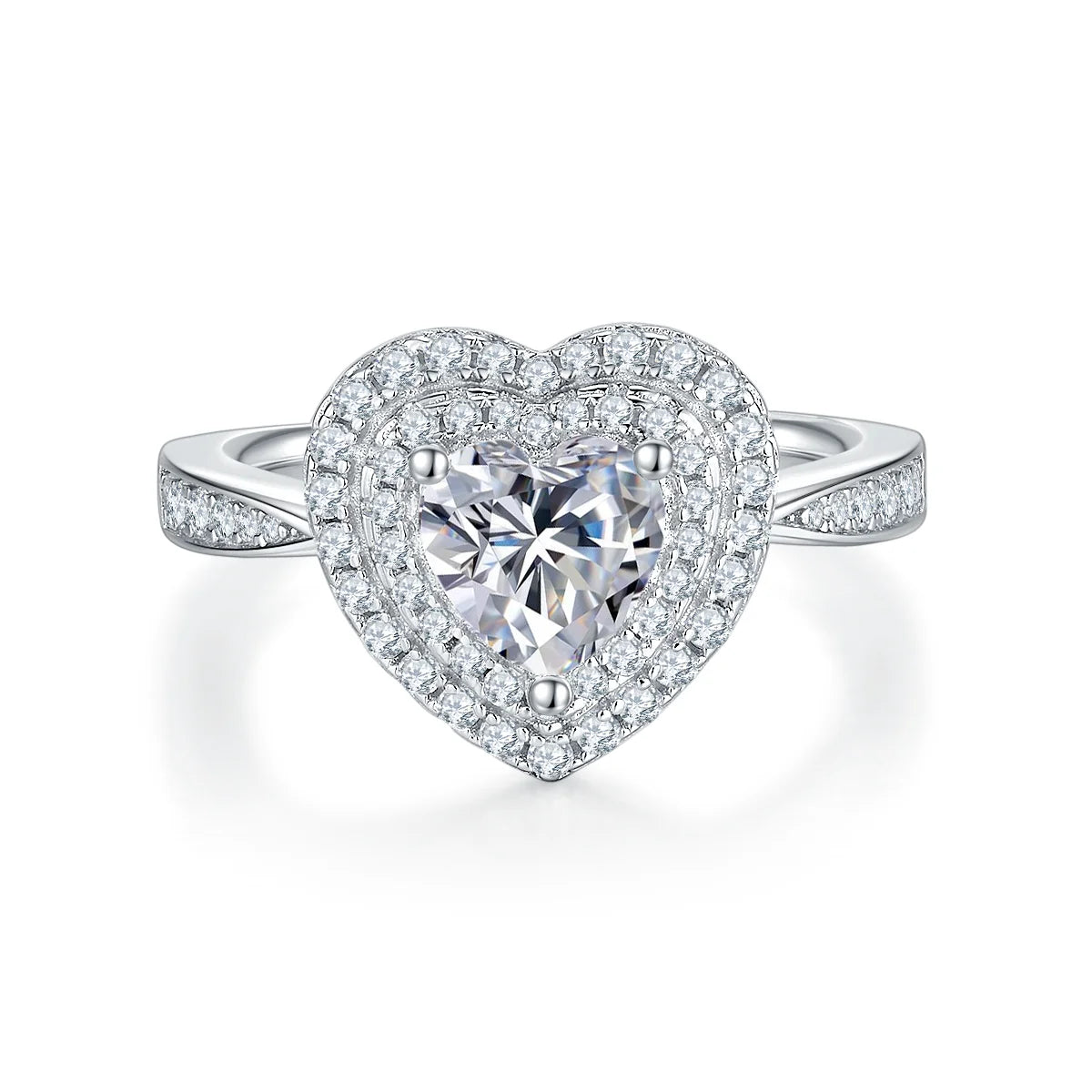 luxury heart-shaped moissanite ring with 1ct center stone and triple pavé halo design