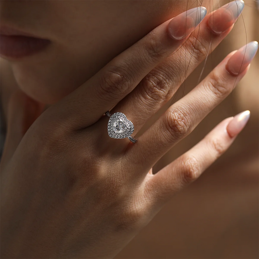 luxury heart-shaped moissanite ring with 1ct center stone and triple pavé halo design