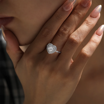 luxury heart-shaped moissanite ring with 1ct center stone and triple pavé halo design