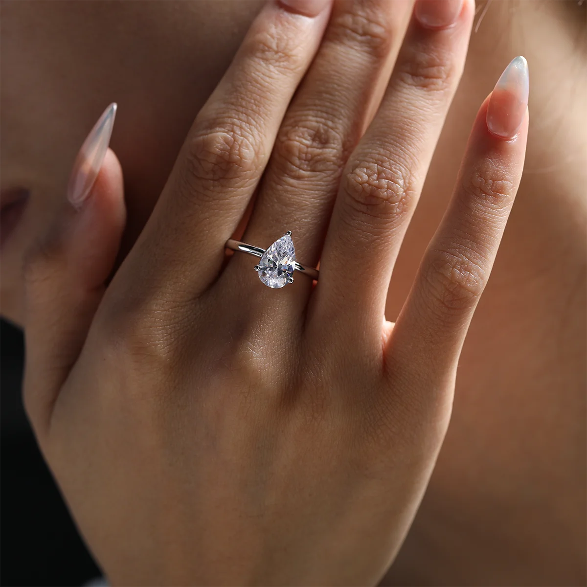 elegant 3ct pear moissanite solitaire ring, silver minimalist design