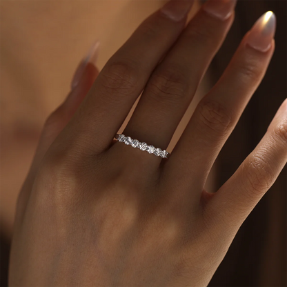 0.7ct Round Moissanite Half Eternity Ring in 925 Sterling Silver with 18K White Gold Plating, elegant minimalist design