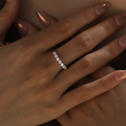 0.7ct Round Moissanite Half Eternity Ring in 925 Sterling Silver with 18K White Gold Plating, elegant minimalist design