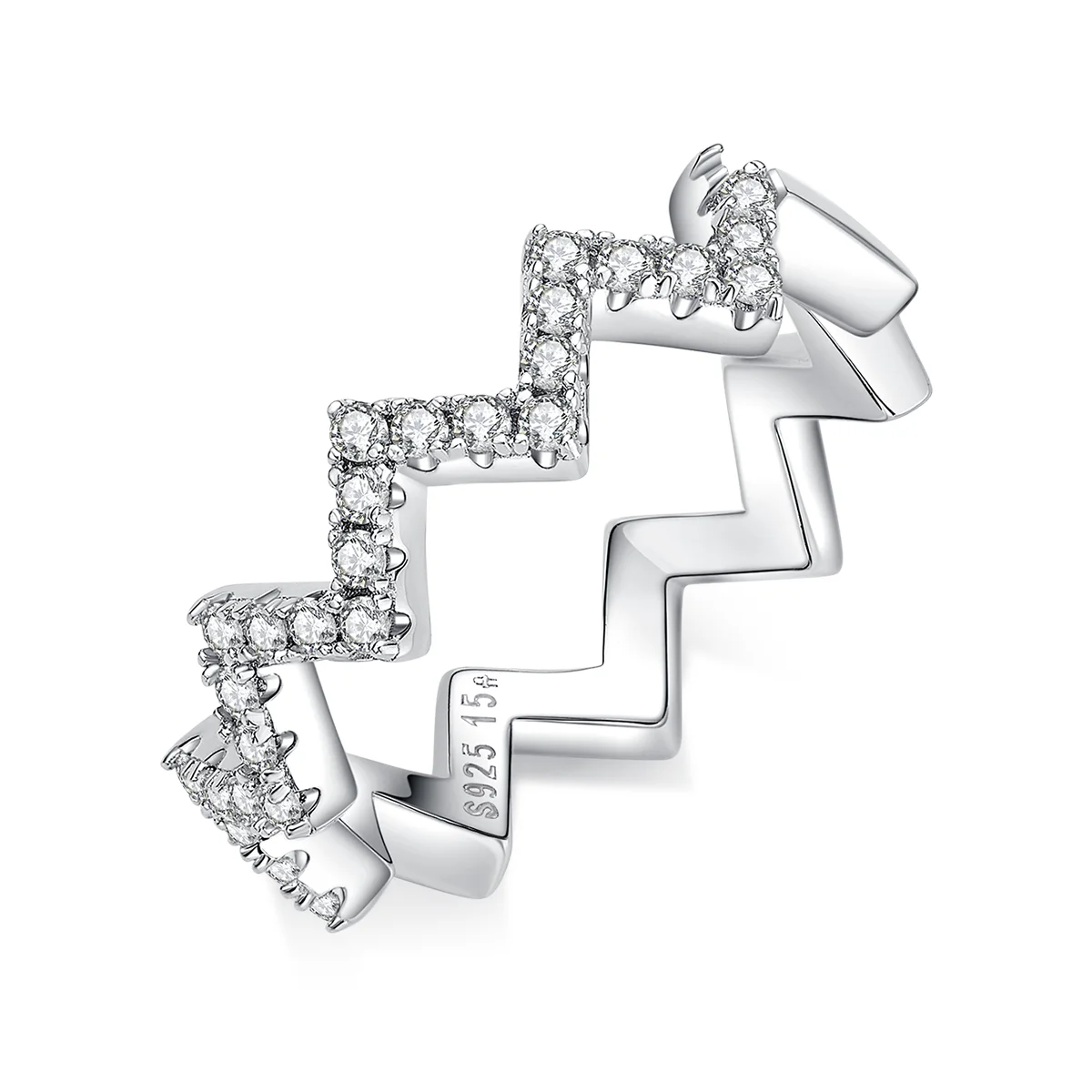 0.7ct Moissanite Geometric Band Ring in 925 Sterling Silver with 18K White Gold Plating, featuring modern folded-line design and sparkling moissanites.