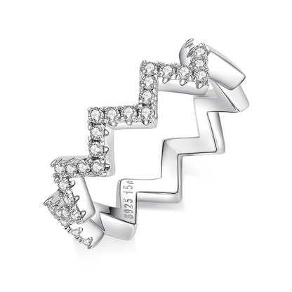 0.7ct Moissanite Geometric Band Ring in 925 Sterling Silver with 18K White Gold Plating, featuring modern folded-line design and sparkling moissanites.