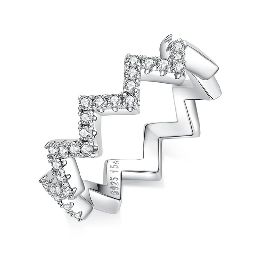 0.7ct Moissanite Geometric Band Ring in 925 Sterling Silver with 18K White Gold Plating, featuring modern folded-line design and sparkling moissanites.