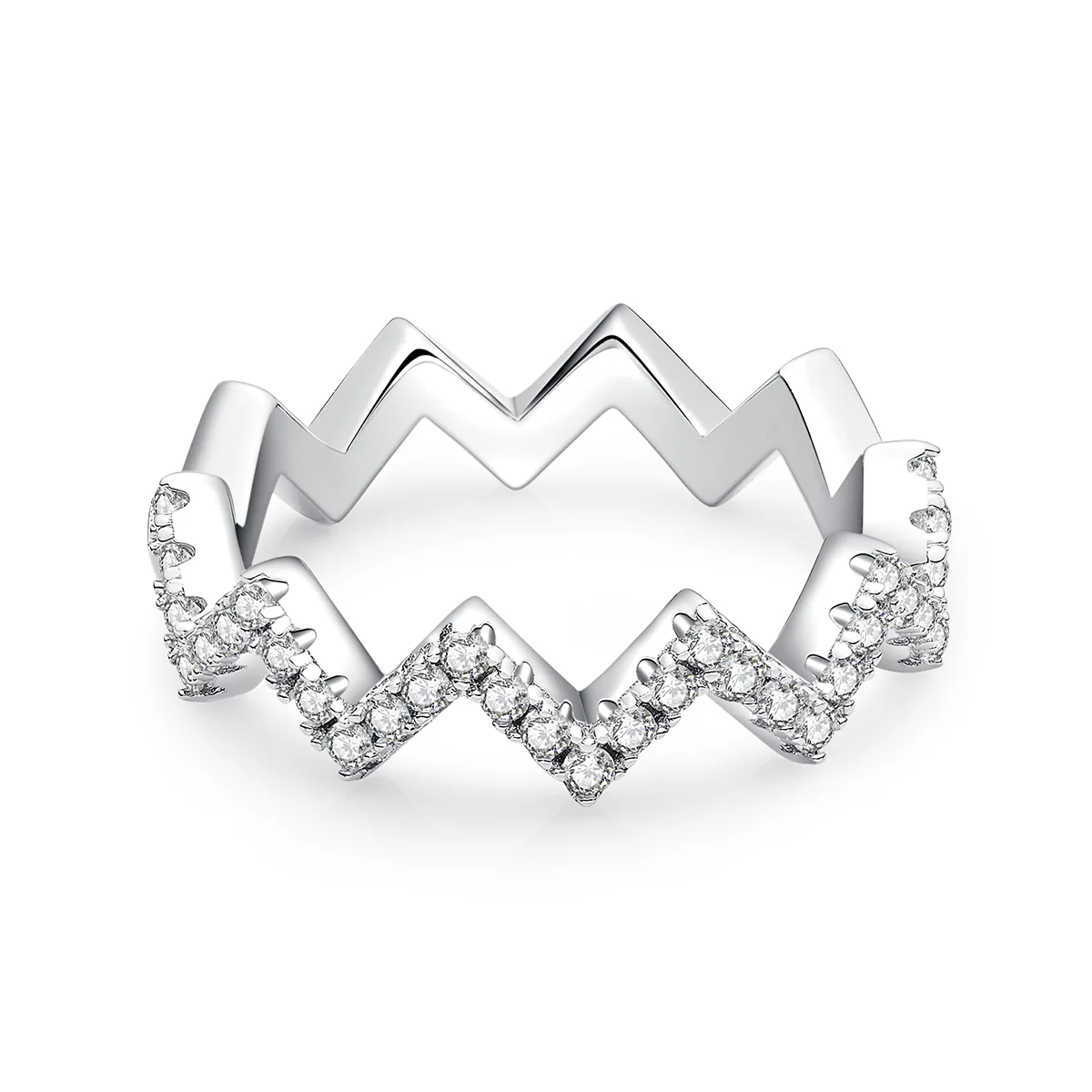 0.7ct Moissanite Geometric Band Ring in 925 Sterling Silver with 18K White Gold Plating, featuring modern folded-line design and sparkling moissanites.