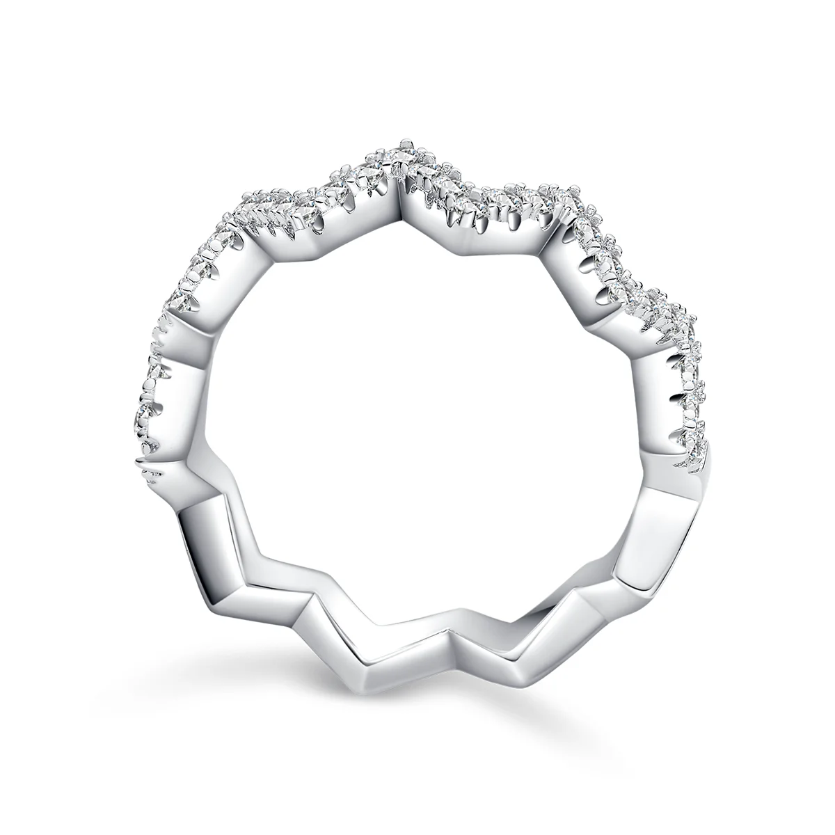 0.7ct Moissanite Geometric Band Ring in 925 Sterling Silver with 18K White Gold Plating, featuring modern folded-line design and sparkling moissanites.