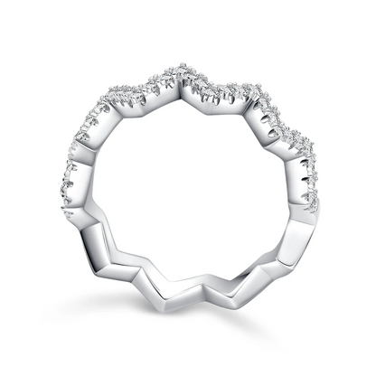 0.7ct Moissanite Geometric Band Ring in 925 Sterling Silver with 18K White Gold Plating, featuring modern folded-line design and sparkling moissanites.