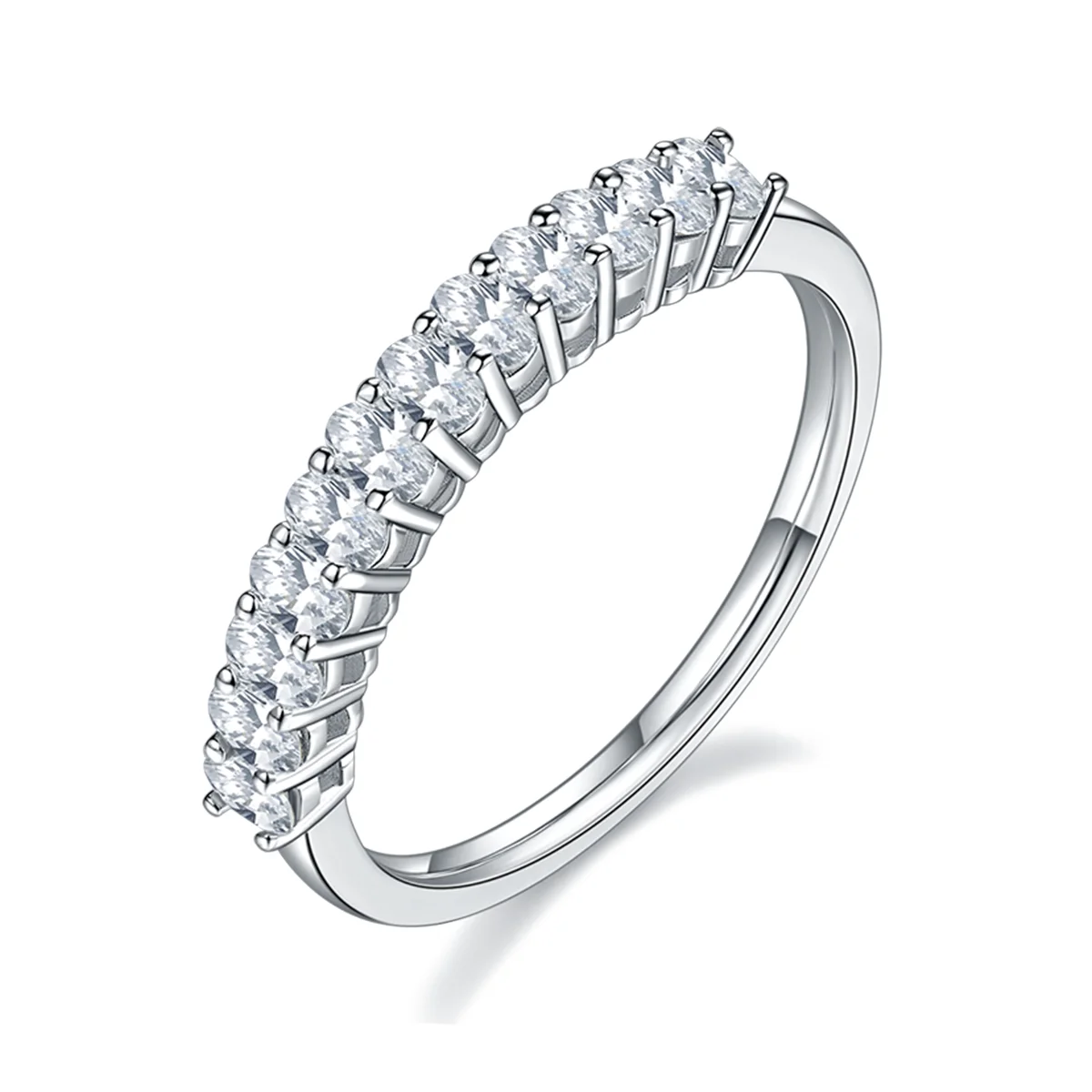 1.0ct Oval Moissanite Half Eternity Ring in 925 Sterling Silver with 18K White Gold Plating, featuring twelve oval-cut moissanites for timeless elegance.
