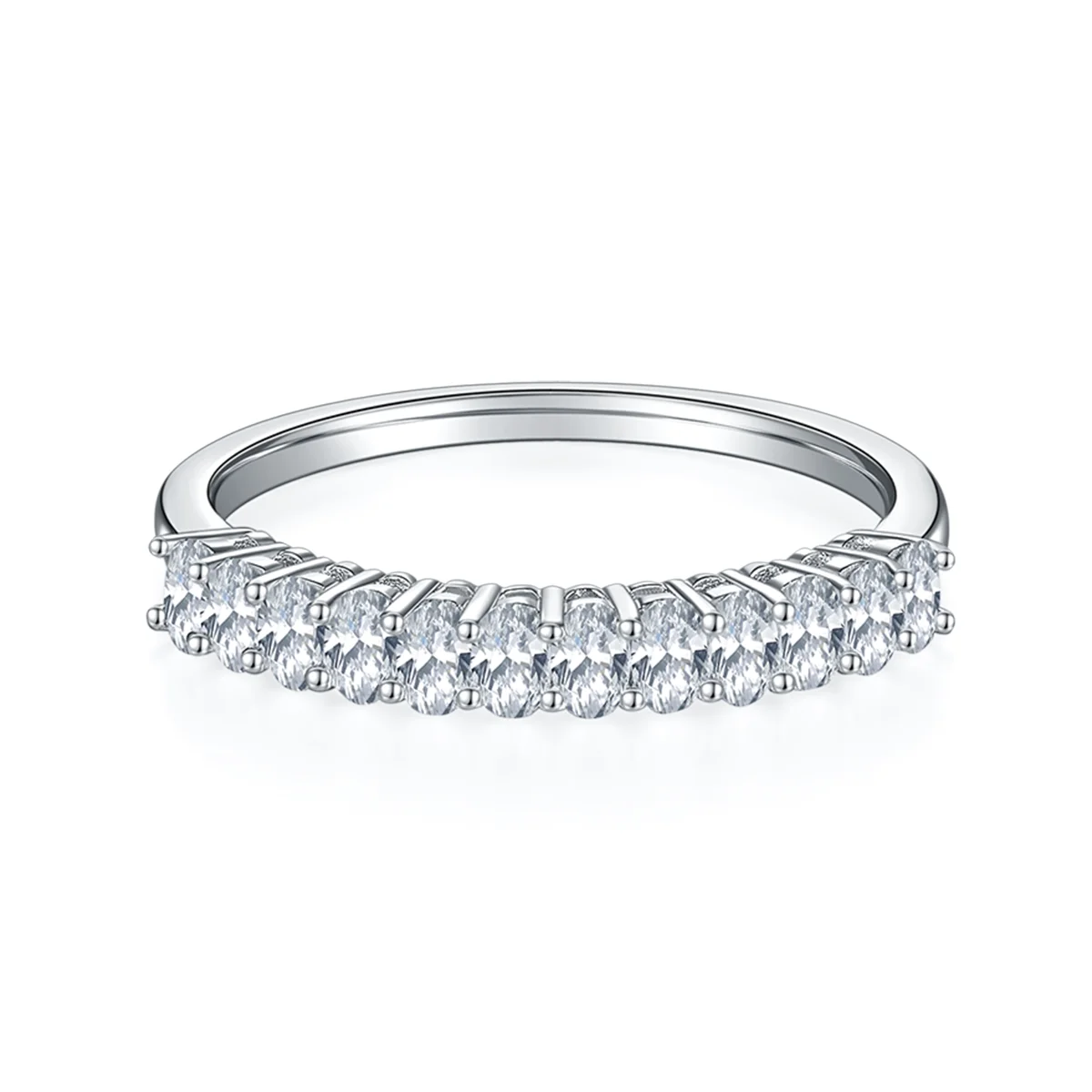 1.0ct Oval Moissanite Half Eternity Ring in 925 Sterling Silver with 18K White Gold Plating, featuring twelve oval-cut moissanites for timeless elegance.