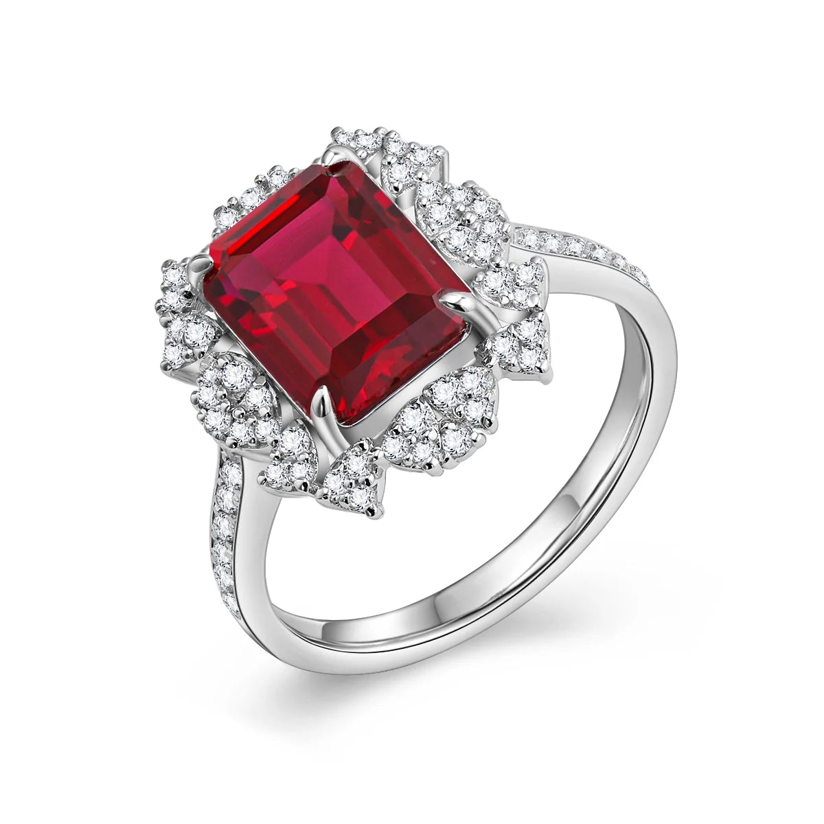 Sterling silver ring set with a 10×8mm, approx. 5.5ct emerald-cut lab-grown ruby and white cubic zirconia accents, offering a fiery, elegant glow.