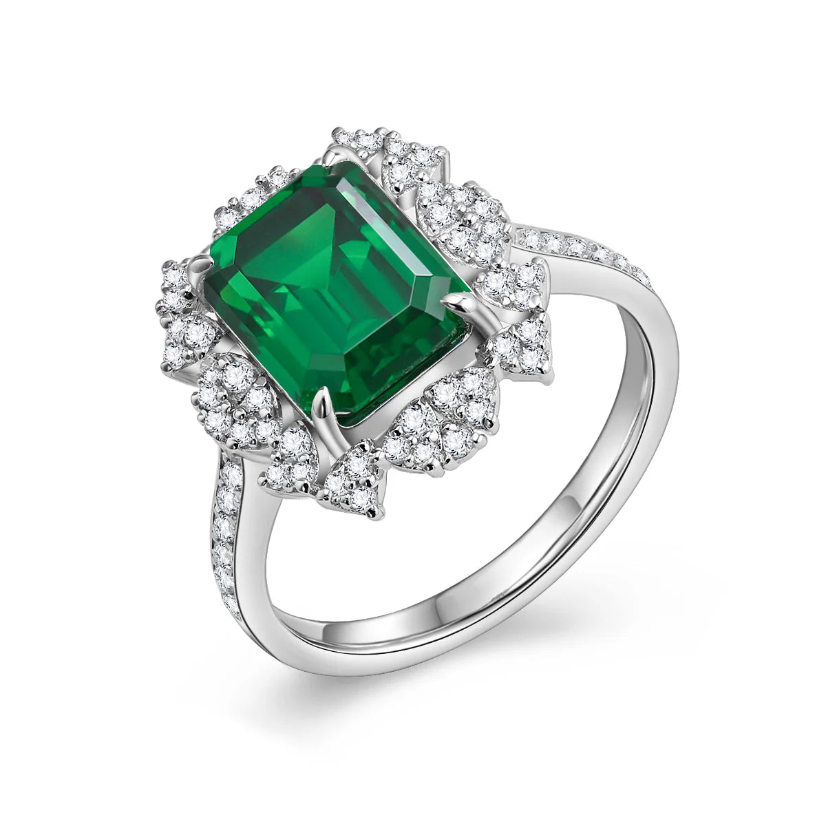A 5.5ct emerald-cut green YAG gemstone set in white-gold-plated sterling silver, accented by white cubic zirconia that resemble delicate blooming petals.