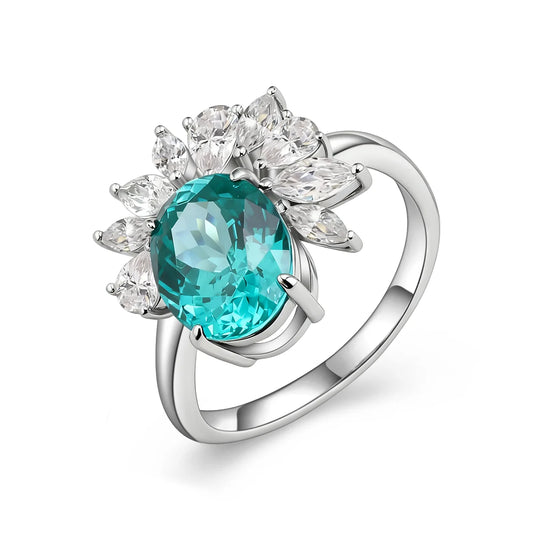 3.2ct Paraíba Blue-Green YAG Ring, Portuguese Cut, 925 Sterling Silver, 18K White Gold Plated, Elegant Ocean-Inspired Jewelry