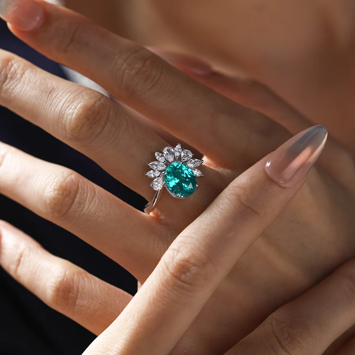 3.2ct Paraíba Blue-Green YAG Ring, Portuguese Cut, 925 Sterling Silver, 18K White Gold Plated, Elegant Ocean-Inspired Jewelry