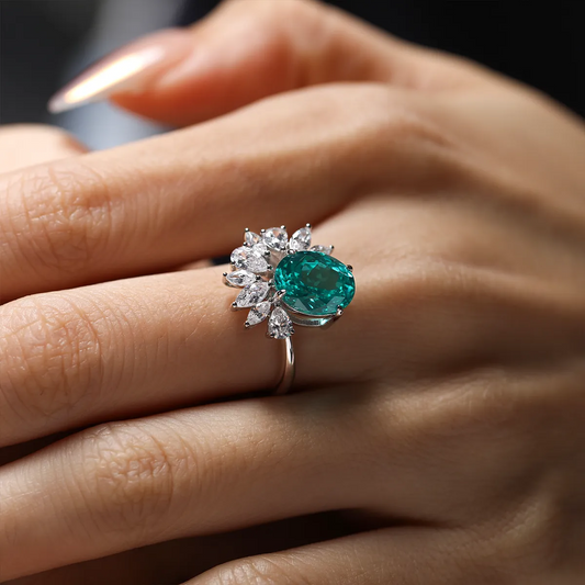 3.2ct Paraíba Blue-Green YAG Ring, Portuguese Cut, 925 Sterling Silver, 18K White Gold Plated, Elegant Ocean-Inspired Jewelry