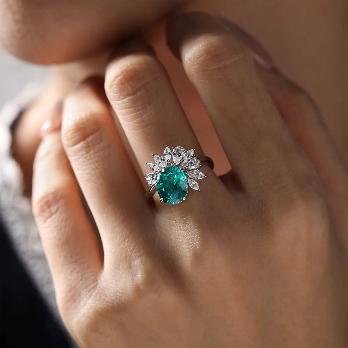 3.2ct Paraíba Blue-Green YAG Ring, Portuguese Cut, 925 Sterling Silver, 18K White Gold Plated, Elegant Ocean-Inspired Jewelry