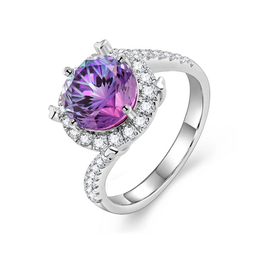 4.15ct Two-Tone Aurora Sapphire Ring, Purple-Blue Gradient Lab Sapphire, 925 Sterling Silver, 18K White Gold Plated, Romantic Flower Design