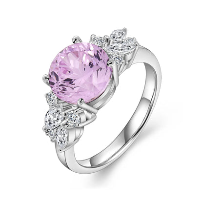 Light pink Padparadscha sapphire floral ring in sterling silver, 4.7ct center stone with white accents.