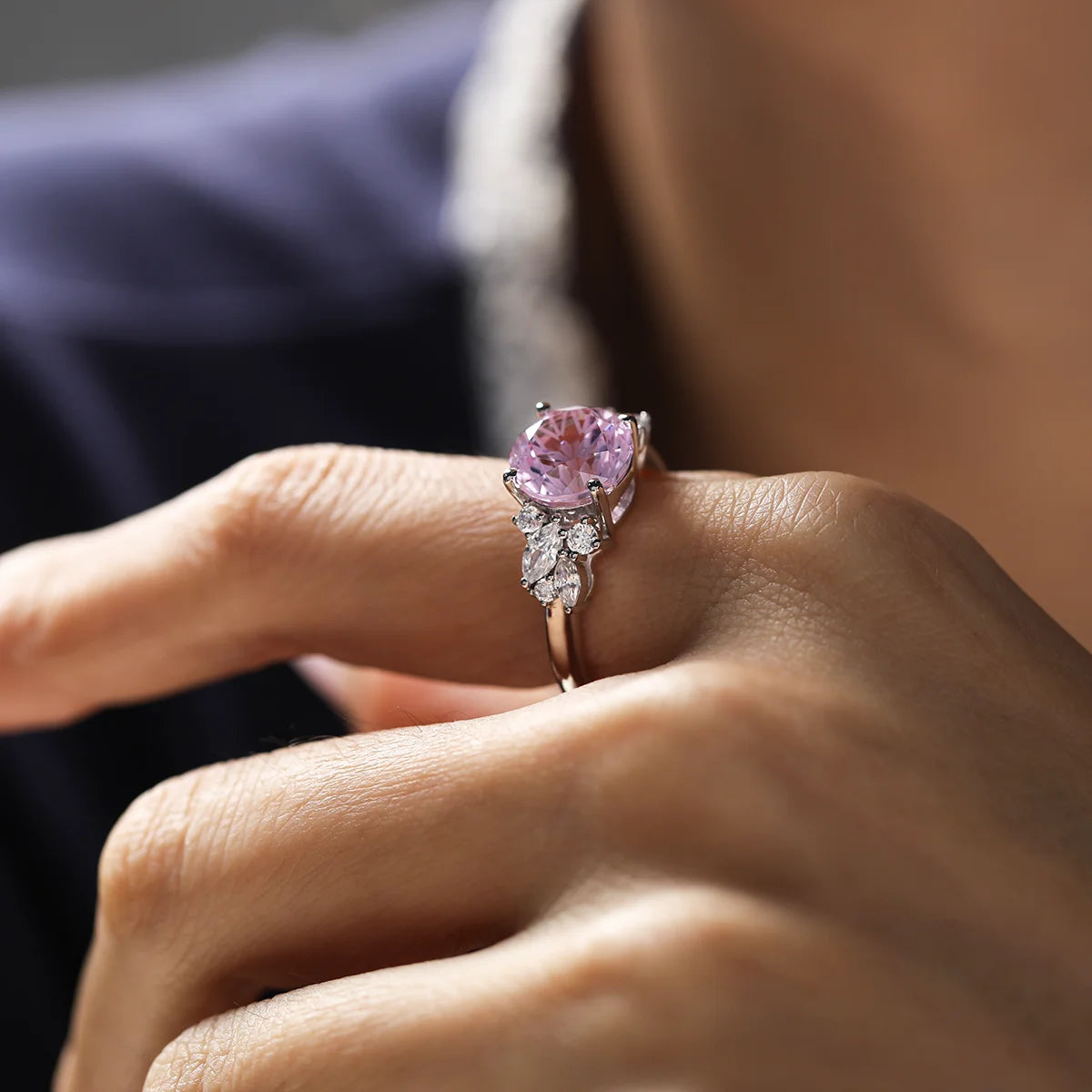 Light pink Padparadscha sapphire floral ring in sterling silver, 4.7ct center stone with white accents.