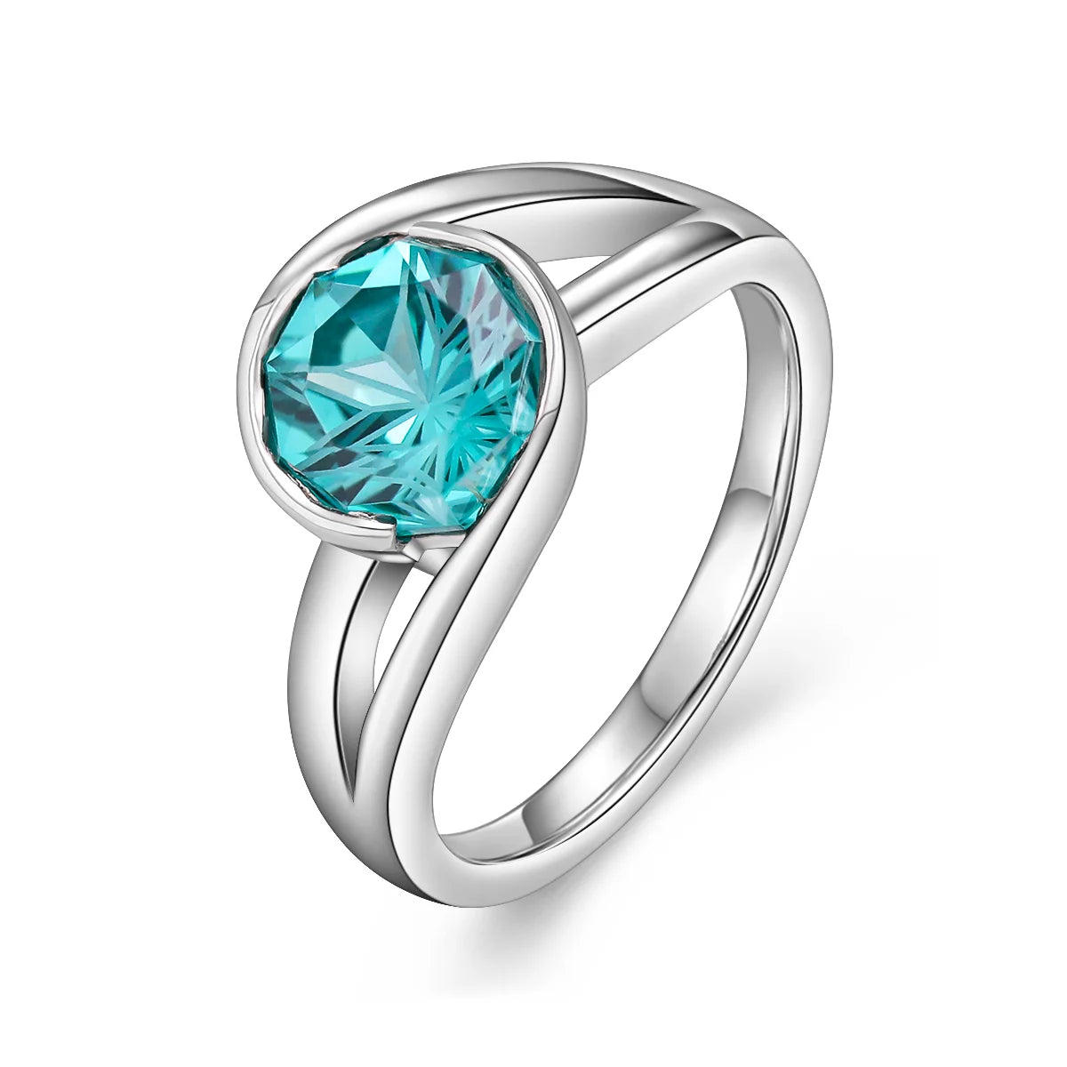 3.5ct Ocean Whisper Sapphire Ring featuring a blue-green synthetic corundum in a nine-sided fancy cut, set in 925 sterling silver with 18K white gold plating and a double-twisted band.