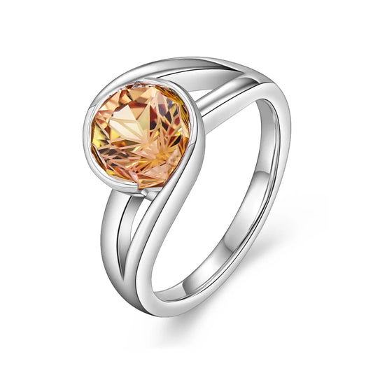 3.5ct Sunrise Orange Sapphire Ring featuring a nine-sided fancy-cut orange synthetic corundum set in 925 sterling silver with 18K white gold plating and a double-twisted band.