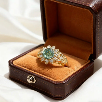 light green lab diamond floral ring with round center stone and marquise side stones