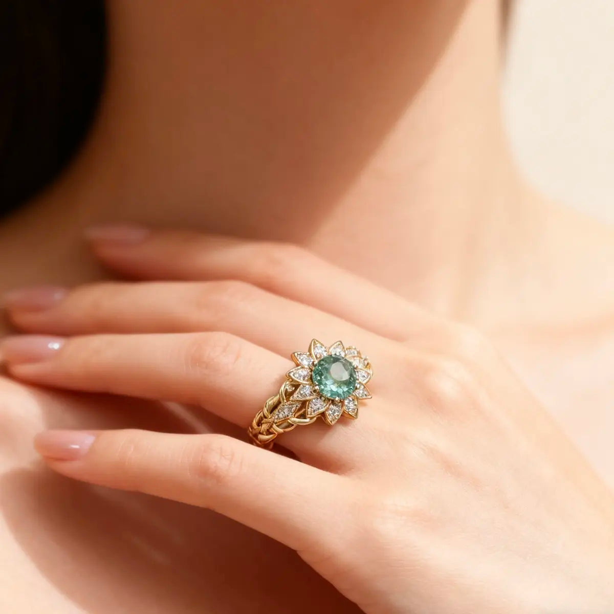 light green lab diamond floral ring with round center stone and marquise side stones