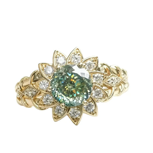 light green lab diamond floral ring with round center stone and marquise side stones