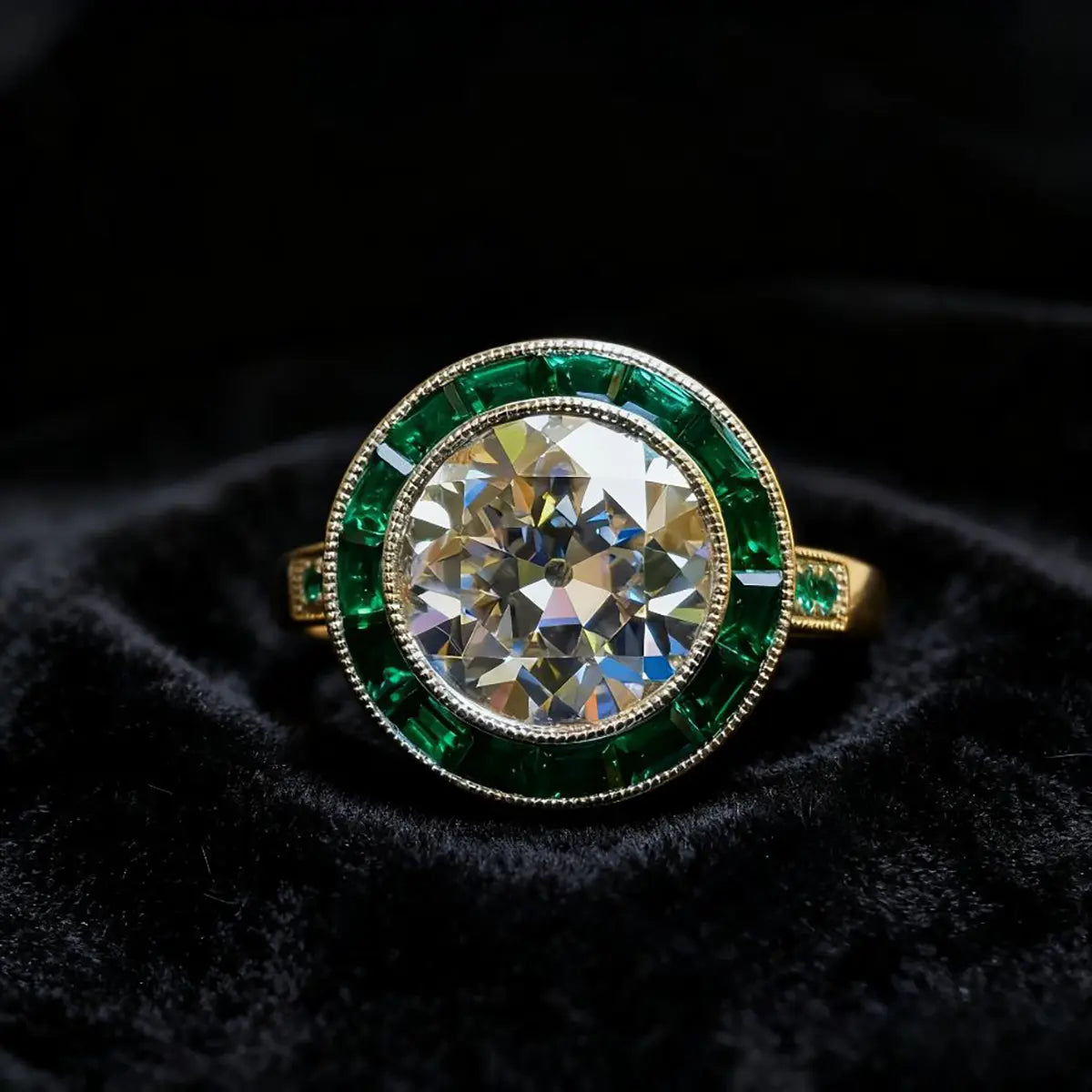Art Deco–inspired 14K white gold ring with 2.5ct round lab diamond and emerald-cut side stones