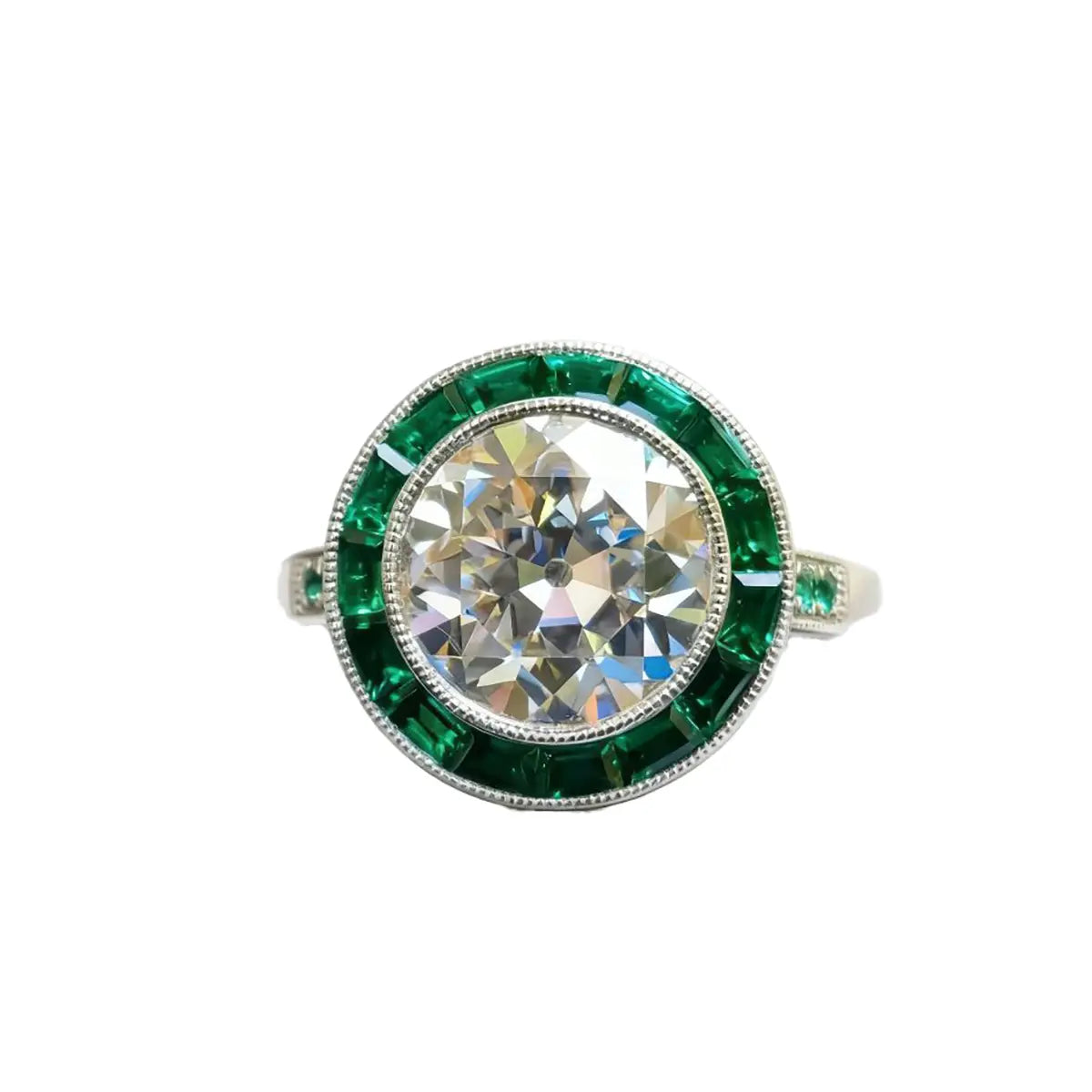 Art Deco–inspired 14K white gold ring with 2.5ct round lab diamond and emerald-cut side stones