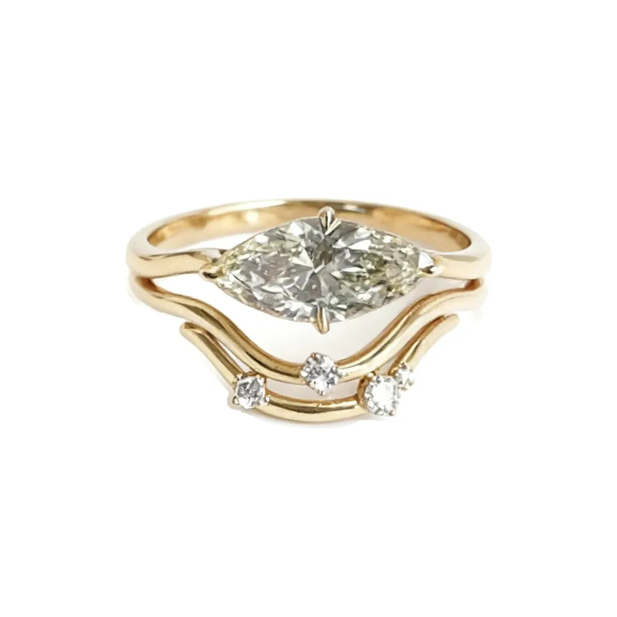 Double-layer wave ring with 2.0ct marquise lab diamond in yellow gold