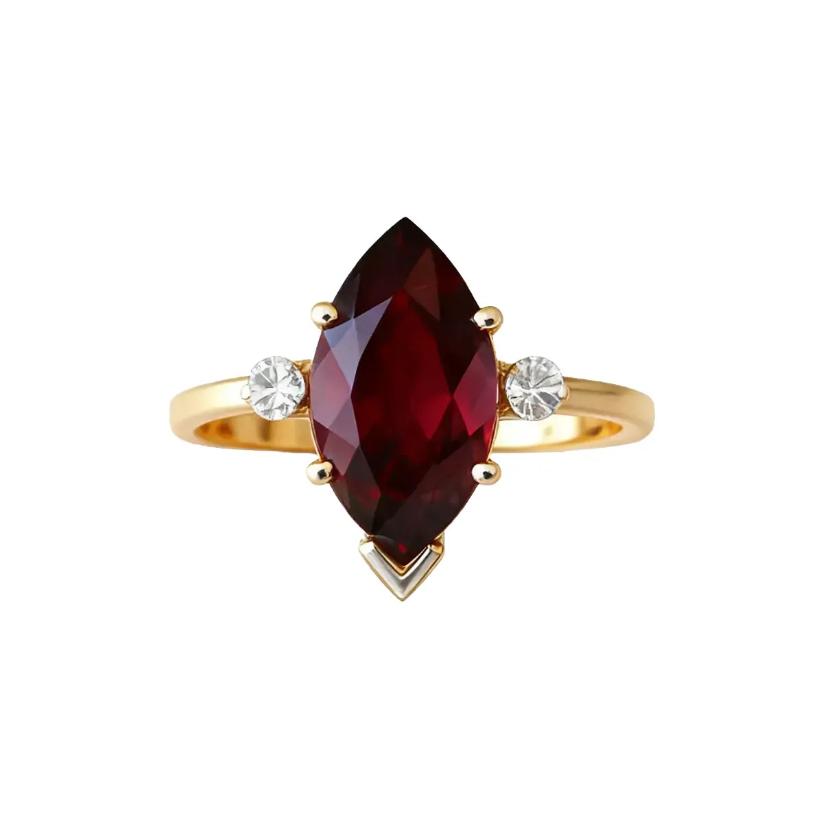 14K yellow gold ring with 1.8ct marquise-cut deep red lab-grown ruby and round cubic zirconia accents