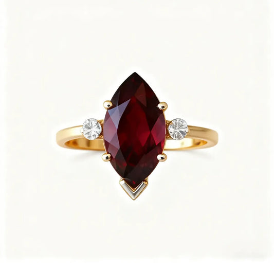 14K yellow gold ring with 1.8ct marquise-cut deep red lab-grown ruby and round cubic zirconia accents