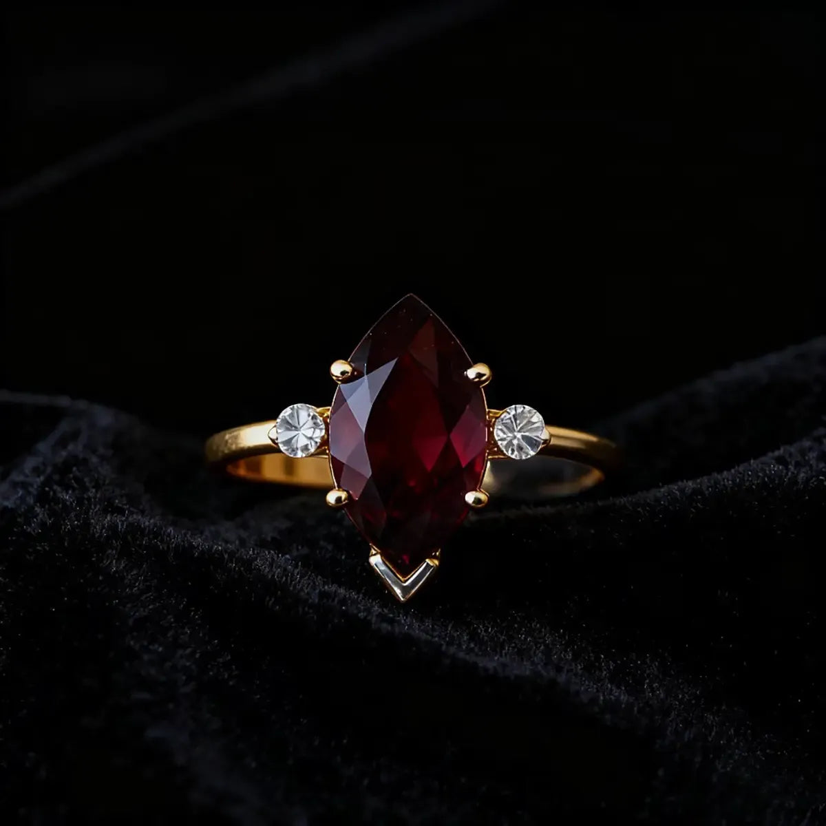 14K yellow gold ring with 1.8ct marquise-cut deep red lab-grown ruby and round cubic zirconia accents