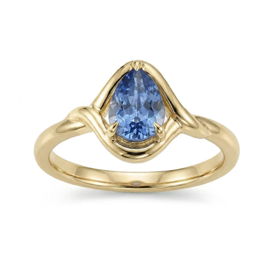 14K gold pear-cut blue lab sapphire ring with slim band